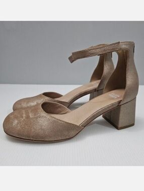 Eileen Fisher Indi Pump Womens 8 Metallic Platinum Nubuck Block Heel Ankle Strap